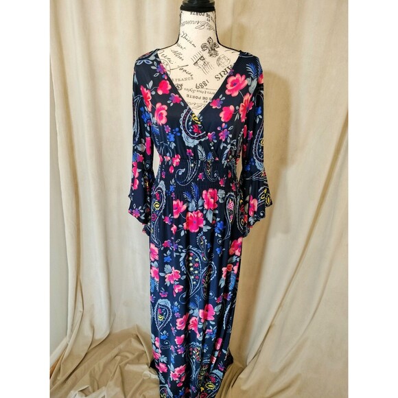 Magic Women's Navy Floral Maxi Dress w/Bell Sleeves & Surplice Neckline. Size XL - Picture 1 of 7